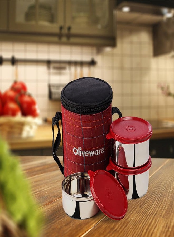 SOPL-OLIVEWARE علبة غداء SOPL-OLIVEWARE Absolute، مانعة للتسرب بنسبة 100%، 3 حاويات من الفولاذ المقاوم للصدأ مع أغطية خالية من مادة BPA (2 × 600 مل و 450 مل)، حقيبة قماشية (حمراء) - Image 5